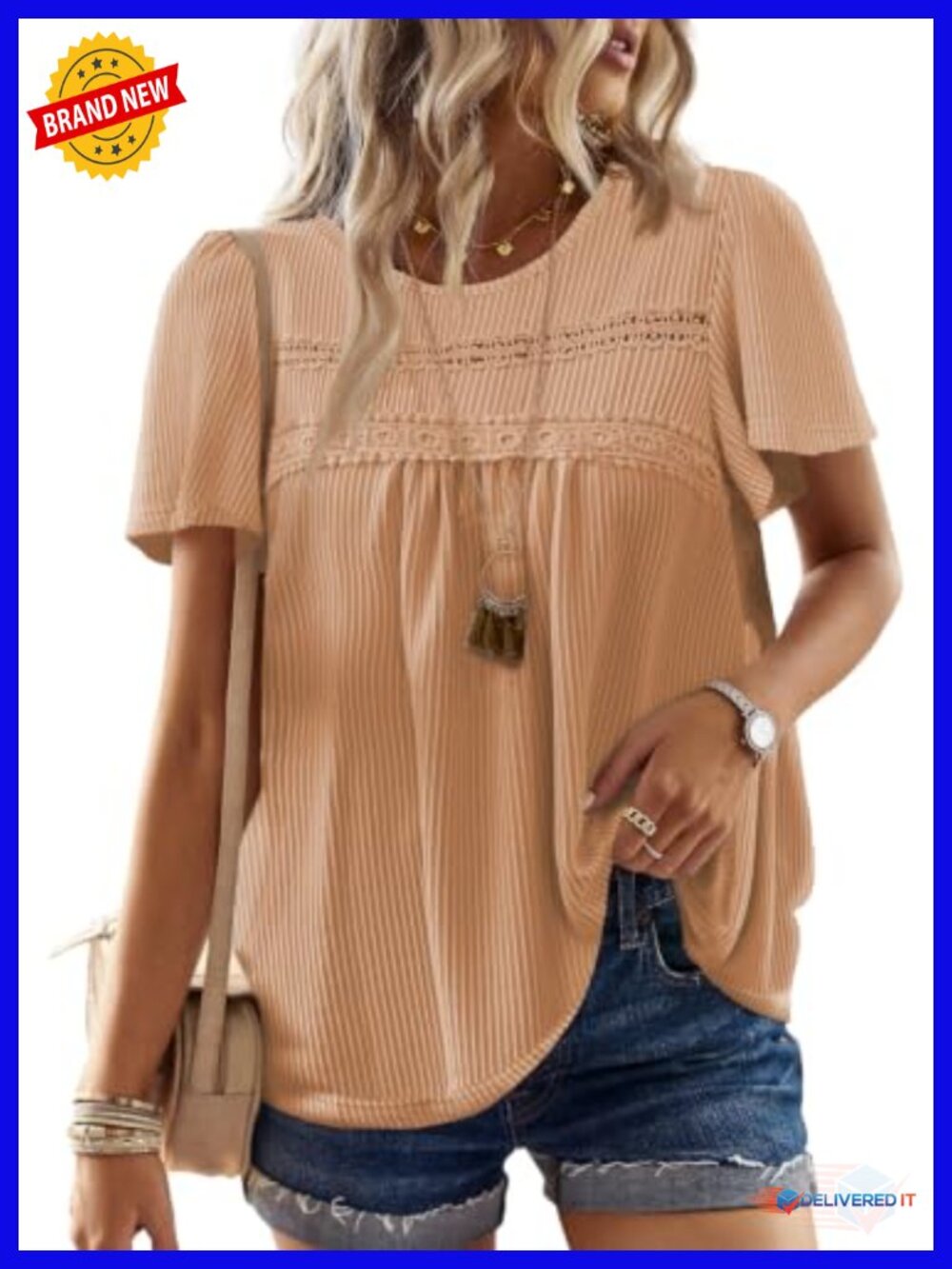 Boho Crochet Ribbed Flowy Short Sleeve Blouse Tunic Top
